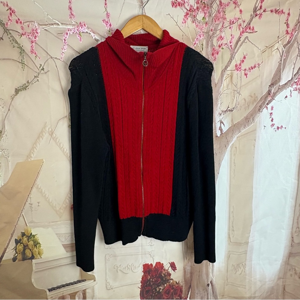 St. John Sport Black and Red Cable Knit Color Block Cardigan - Picture 2 of 8